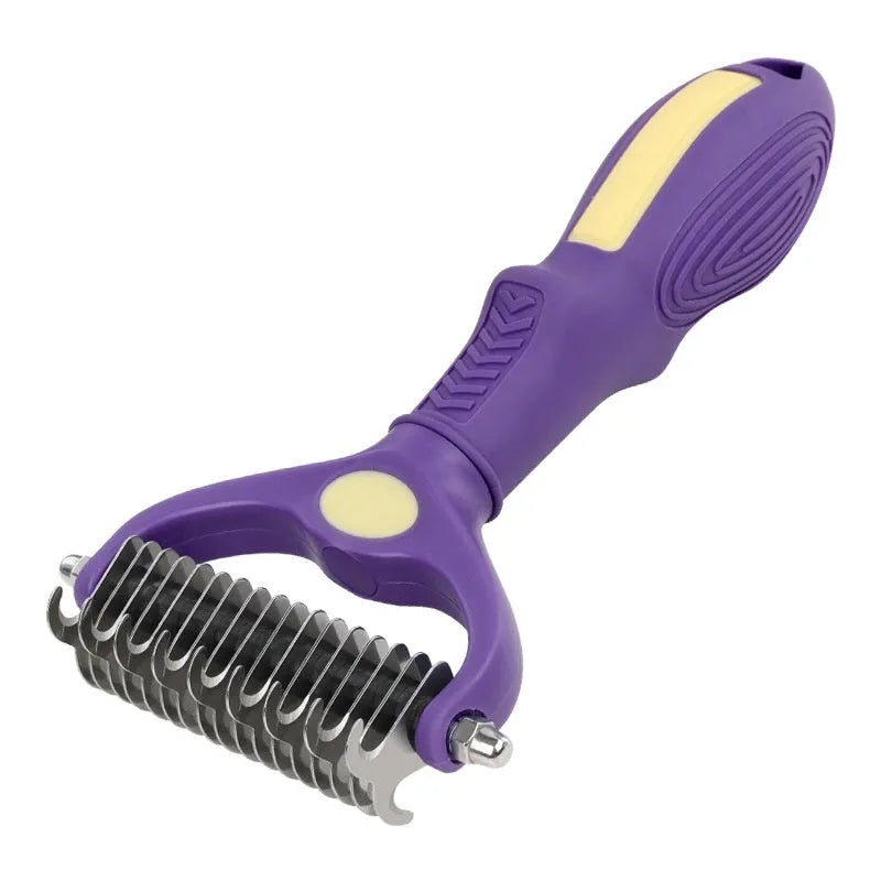 Purple double-sided plastic pet grooming comb with knot-untangling teeth on one side and smoother brushing side