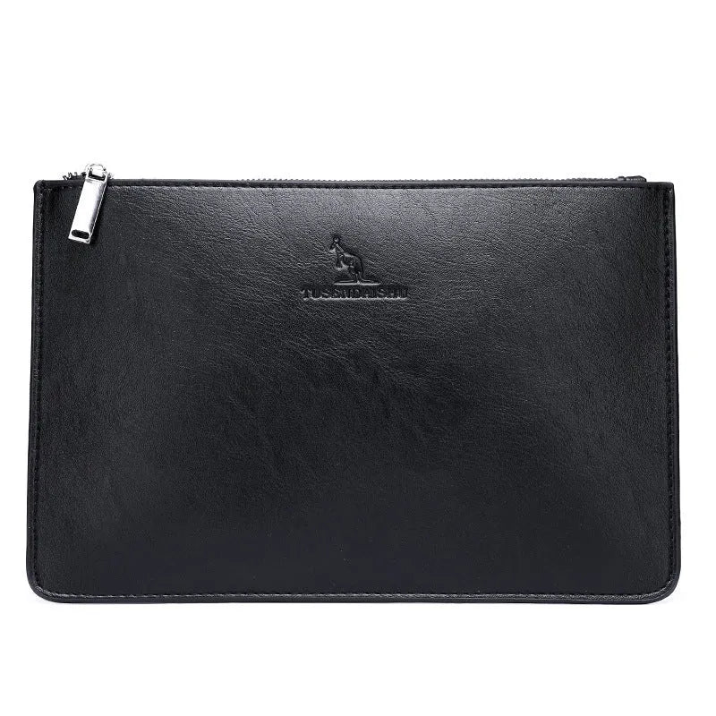 Men's black checkered PU leather clutch wallet showing six card slots and zipper pocket
