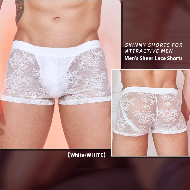 Nylon lace men's boxers in free size, shown in black, red, and white colours.
