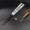 Aluminium handle unbladed butterfly knife trainer with black G10 grip patches on a blue background.