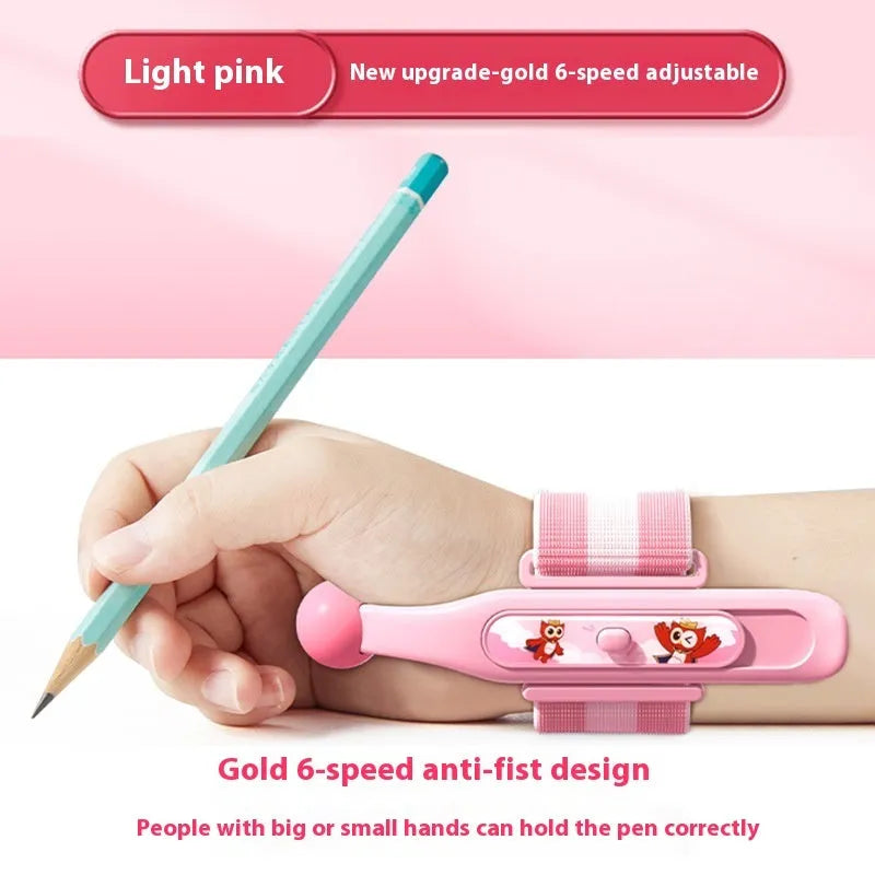 Blue and pink anti-hook wrist brace pen grip corrector for children's handwriting, made from white ABS nylon.