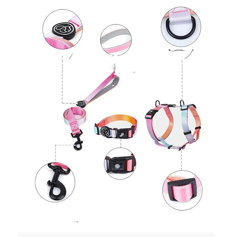 Gradient colour pet chest strap harness in nature patterns with adjustable sizing