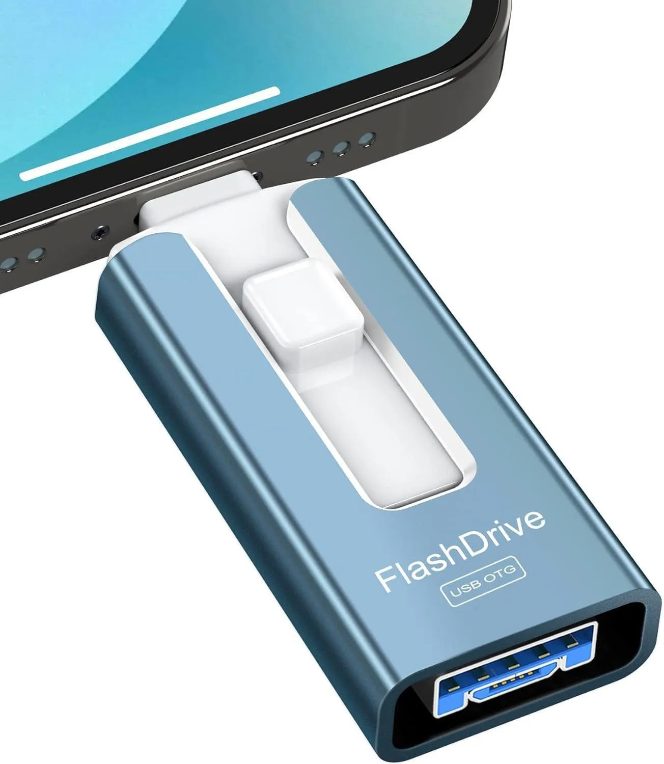 Multifunctional metal thumb drive with push pull connector in silver against neutral background