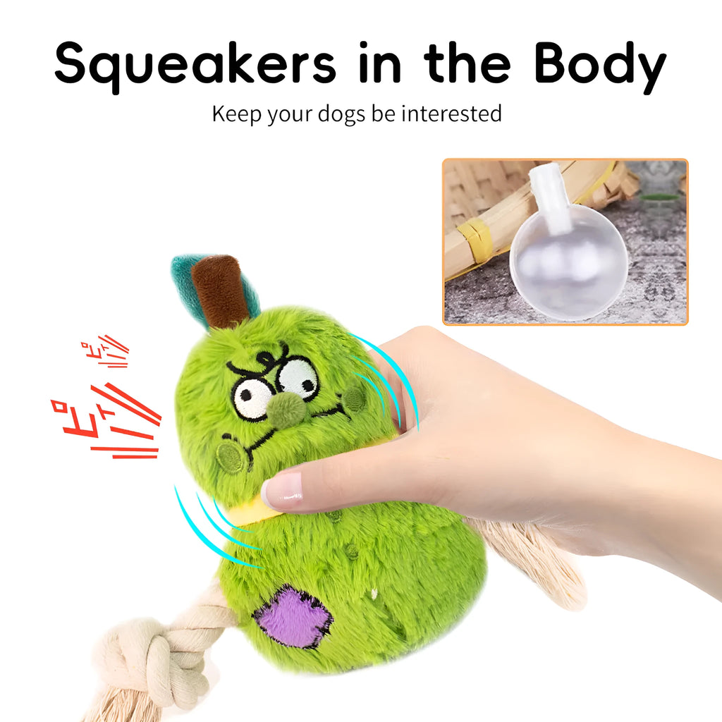 Green and purple interactive plush rope knot dog toy for tug of war and chewing.