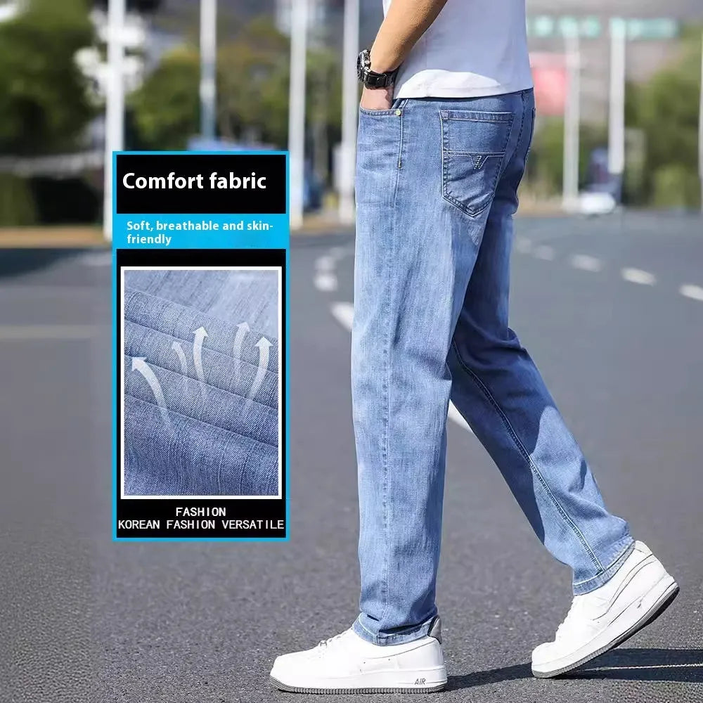 Tapered cotton denim business casual trousers with stretch fabric in light blue, grey, blue-grey and black colours
