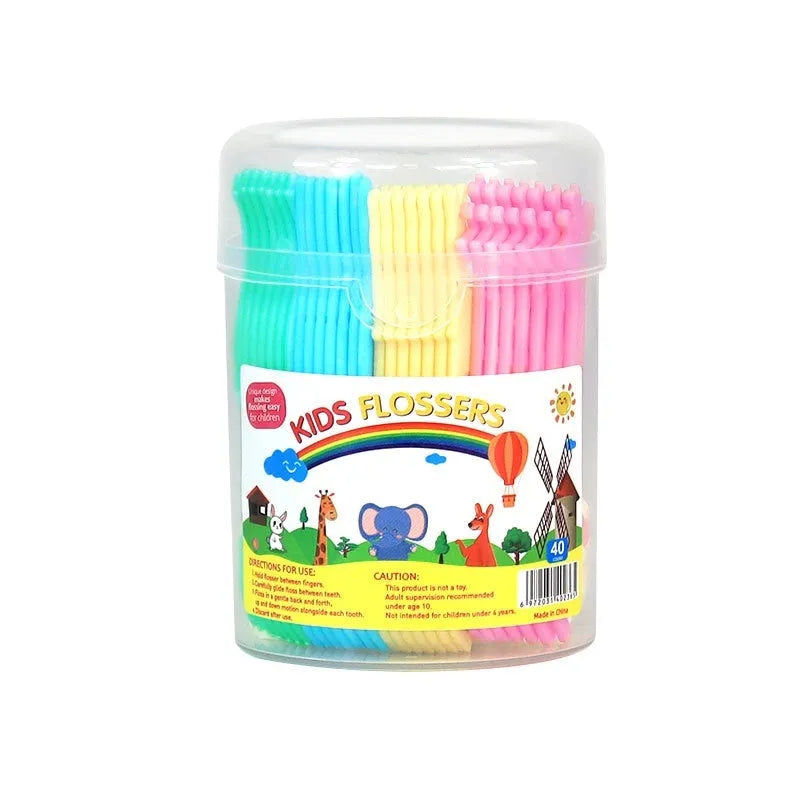 Box of 40 children's flat floss dental floss sticks with plastic handles