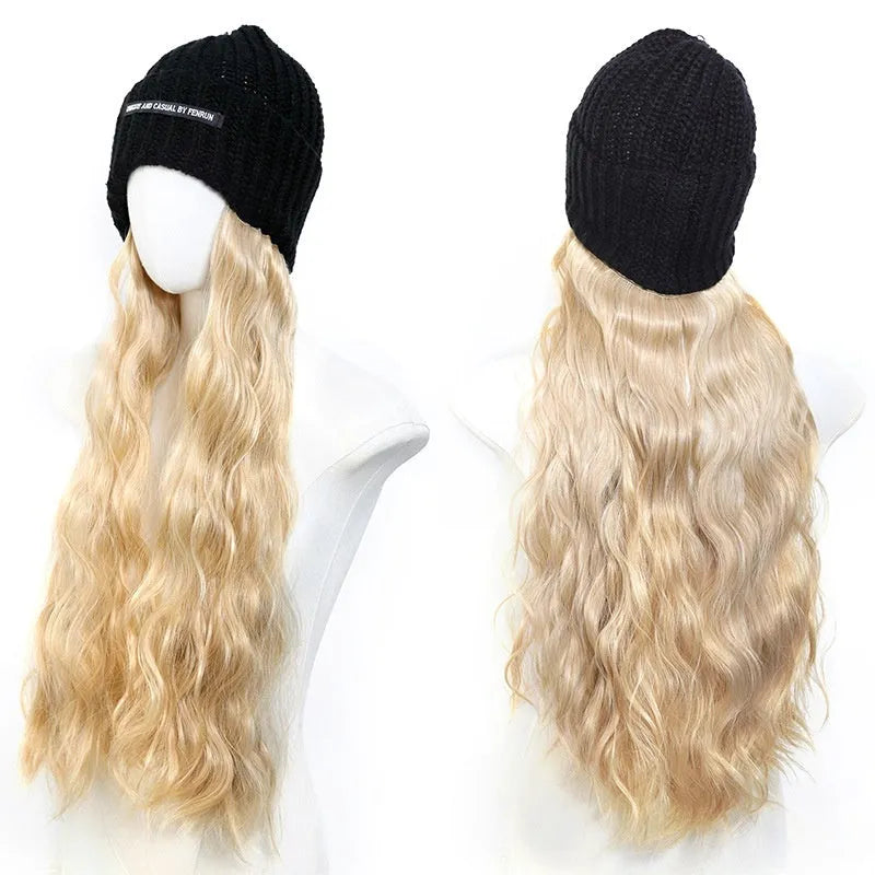 Hat wig with long curly high temperature fibre hair in multiple colour options
