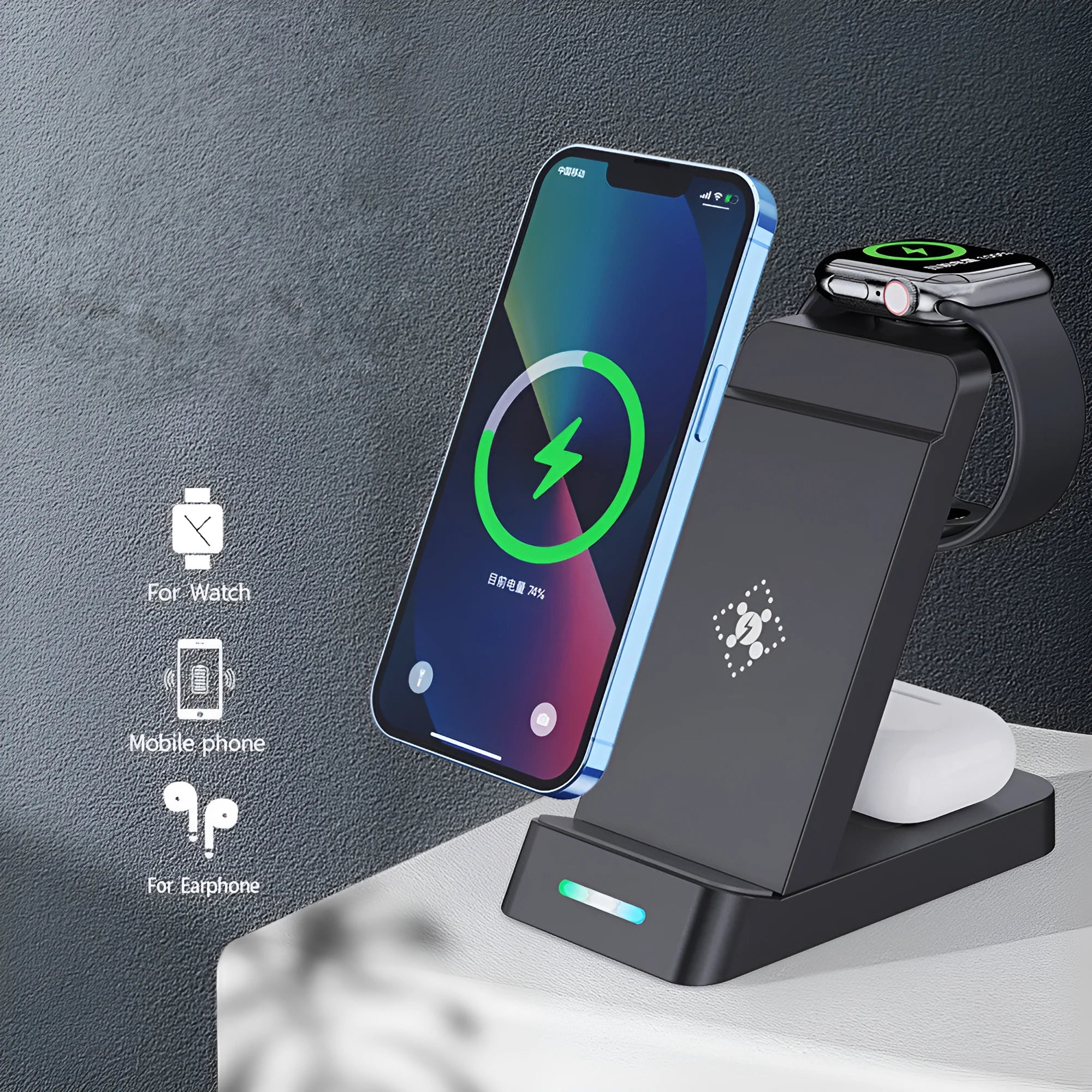 Black and white 3-in-1 wireless charging station with phone stand, showing charging areas for phone, watch, and earbuds.