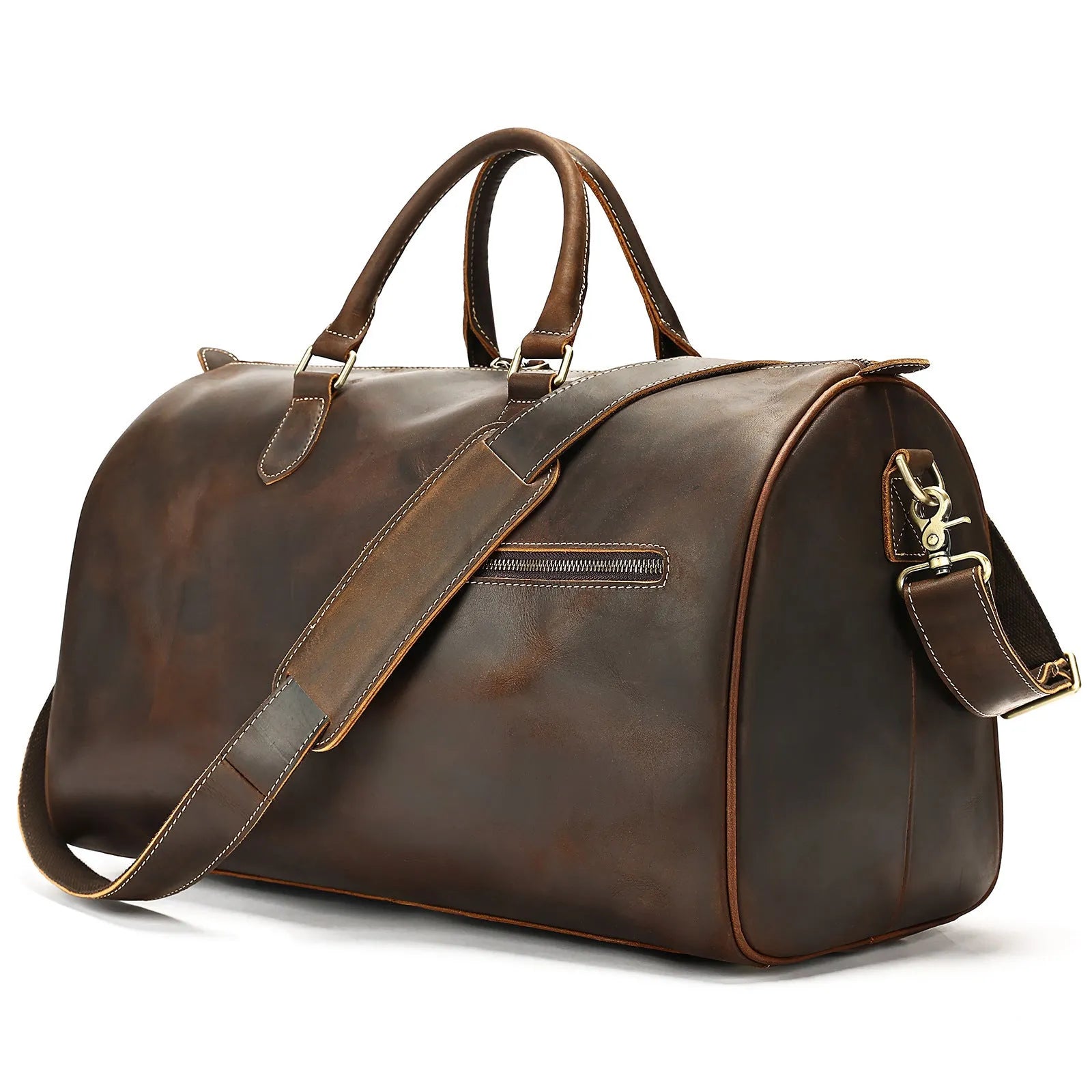 Vintage brown genuine leather large crossbody bag with strap shown open.