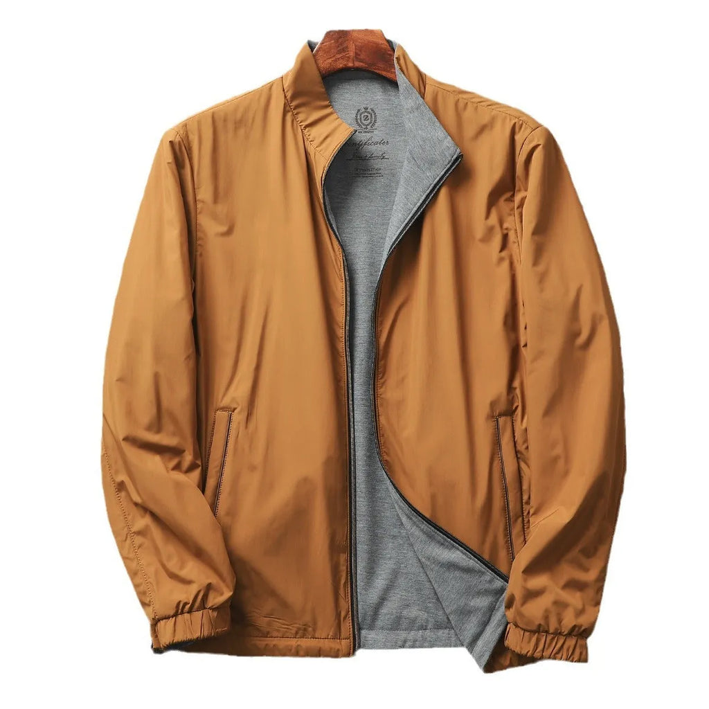 Men's simple stand collar jacket in a polyester-cotton blend, shown in one of four available colours.
