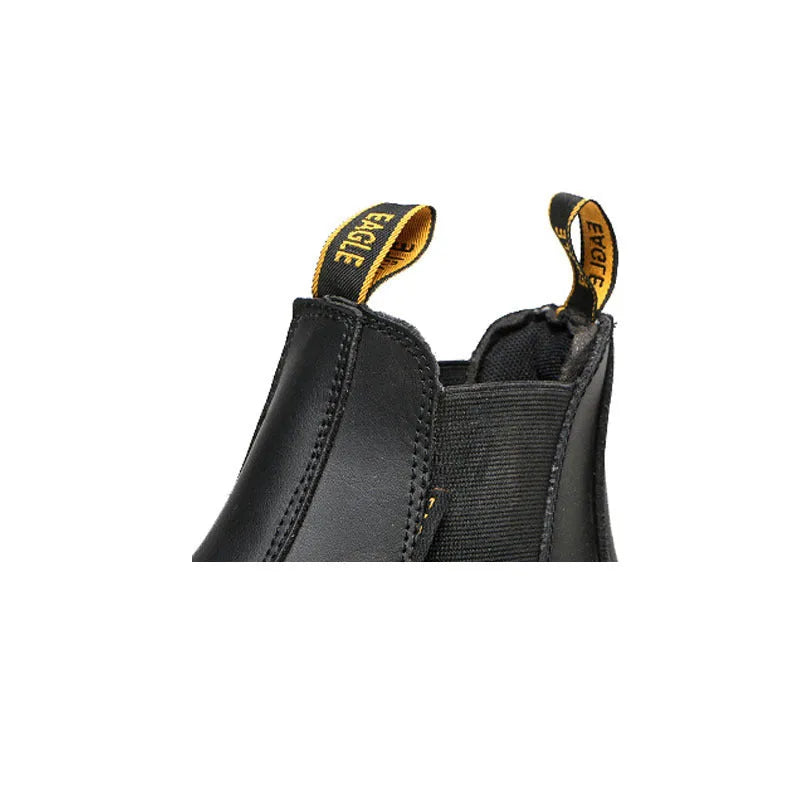 Black leather safety work boots with high-top design and anti-piercing protection