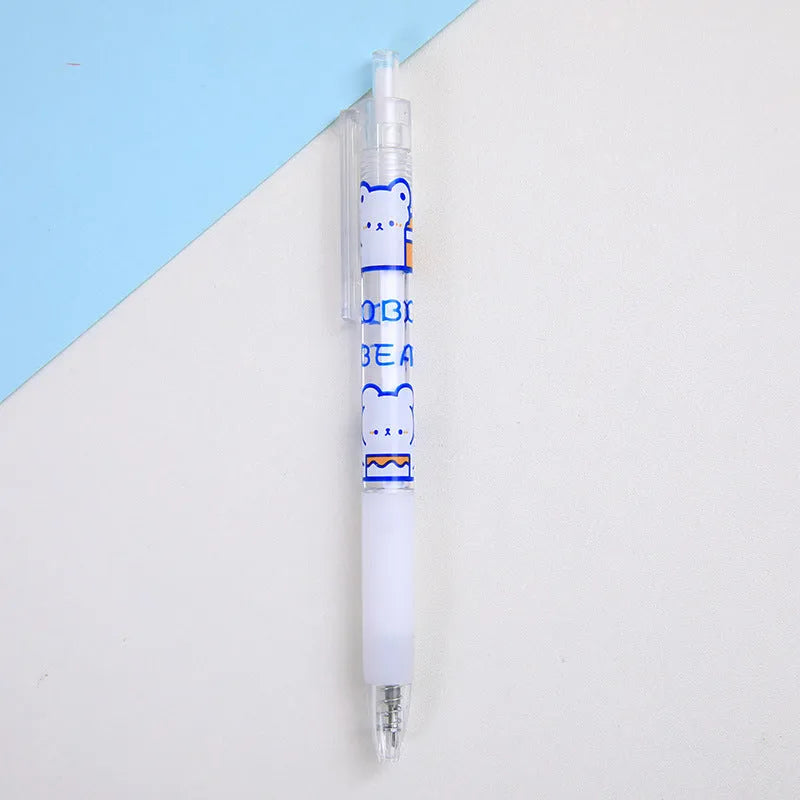 A pack of six colourful bear and rabbit character press pen knives on a white background.