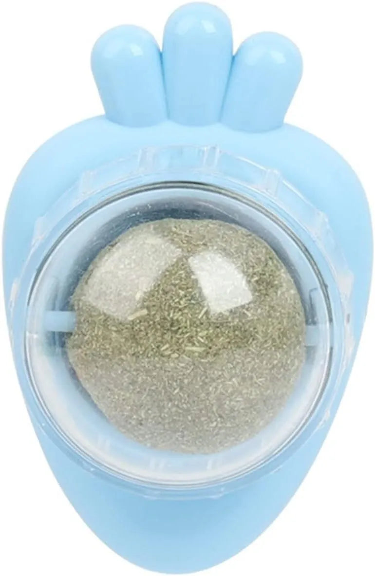 Blue carrot-shaped catnip toy with adhesive backing for wall mounting and dental cleaning