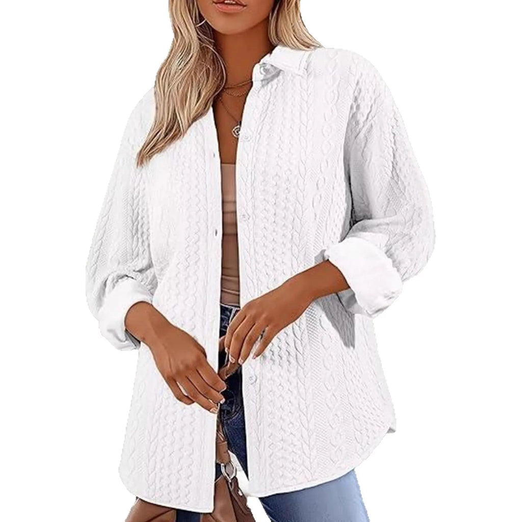 Women's solid colour long-sleeved knit cardigan on a hanger, shown in black, white, and khaki.