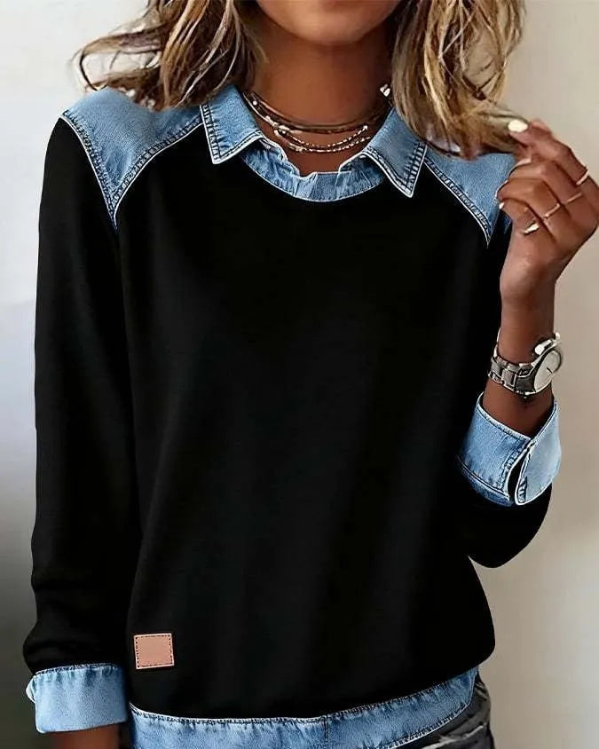 Denim collar long sleeve pullover patchwork knitwear top in solid colour street fashion style, polyester fibre, multiple colour options