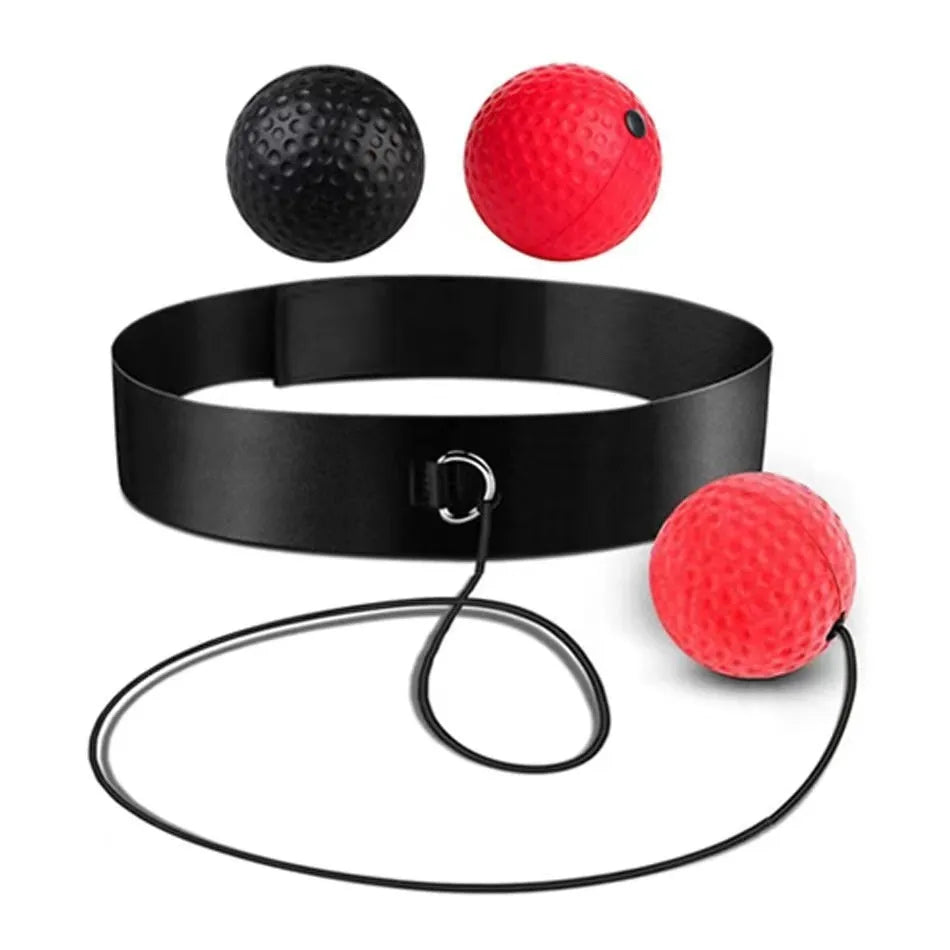 Head-mounted boxing reaction training ball set with PU balls, rubber ball and two headbands on a neutral background.