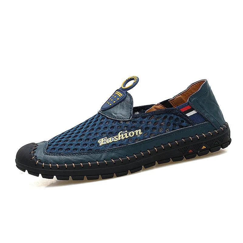 Men's brown breathable mesh casual shoes with round toe and rubber sole.