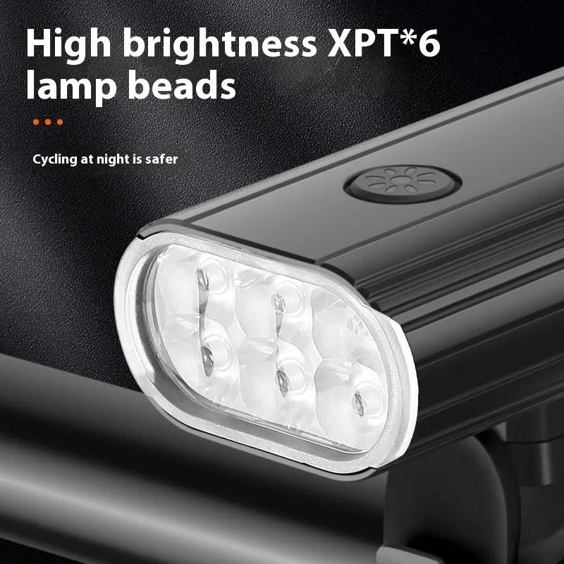 Aluminium alloy bicycle headlight showing six XPT lamp beads, USB Type-C port, and quick release mounting bracket