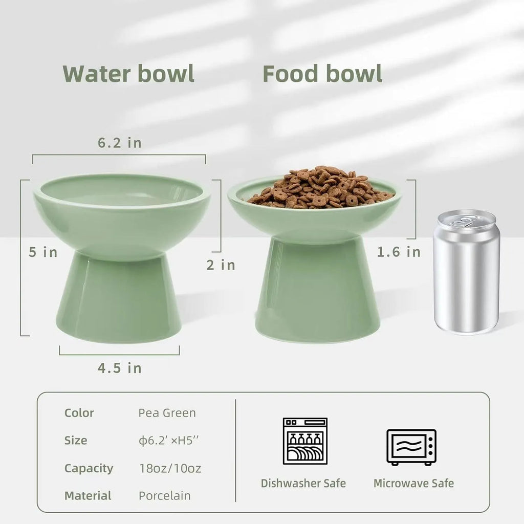 Ceramic elevated cat food bowl in blue colour with wide shallow design and raised base