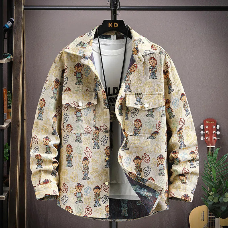 Men's casual lapel shirt coat in polyester, shown in a colour option like black or blue, with long sleeves and a straight hem.