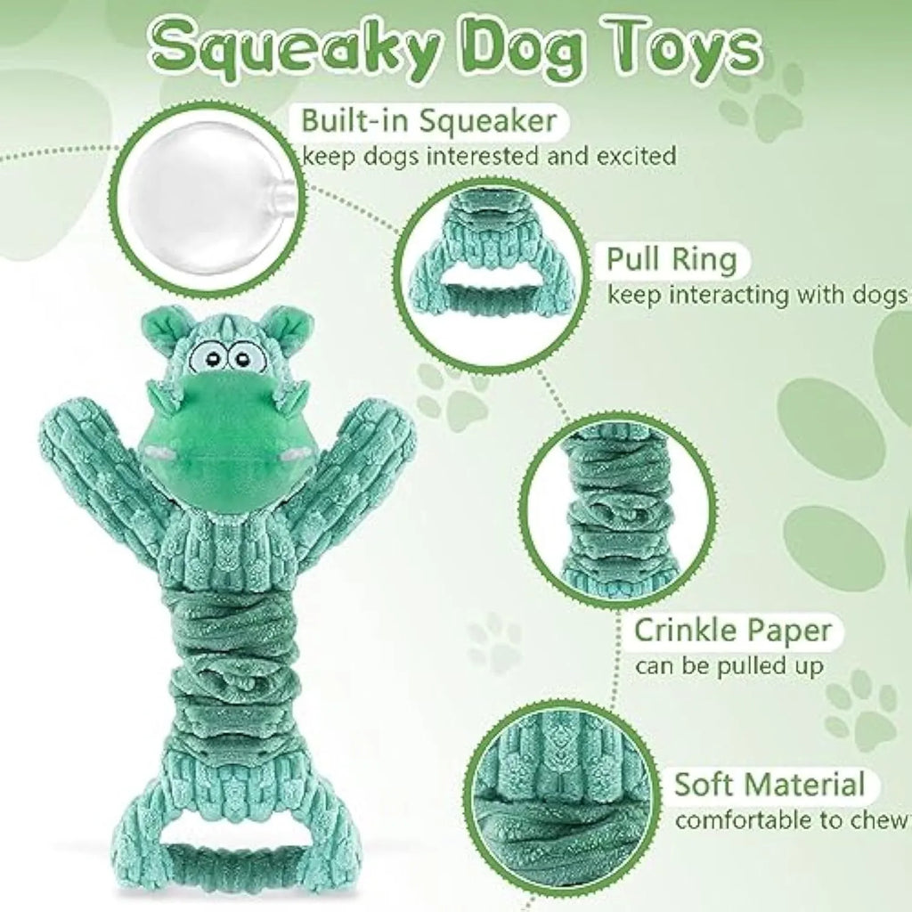 Large plush squeaky dog toy with a handle, shown in Hippo and Monkey designs on a plain background.