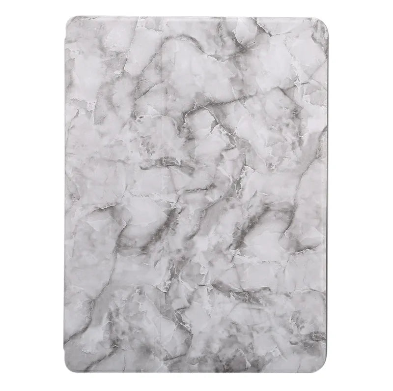 Tri-fold marbling design iPad case in dark grey with a visible pen slot on the side.
