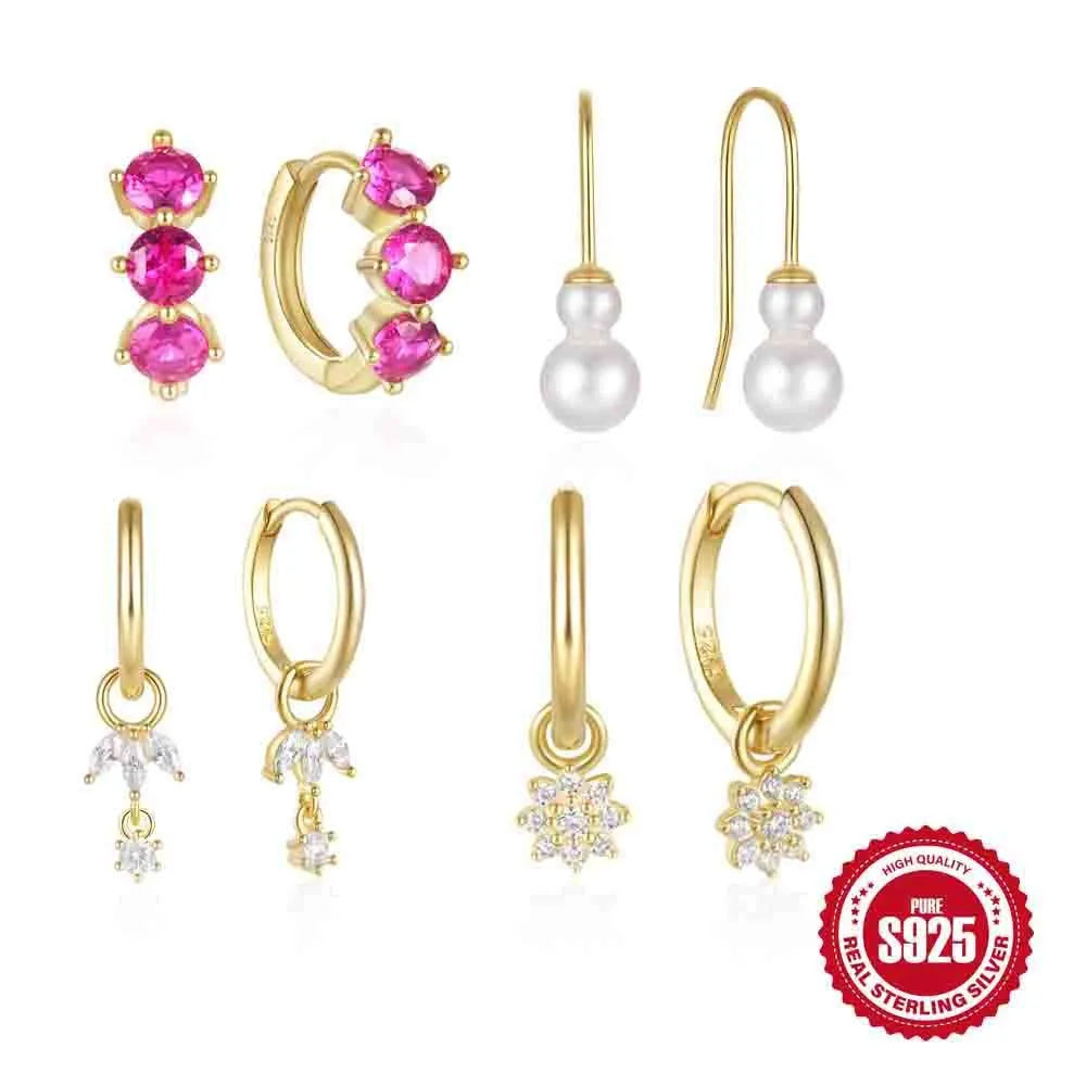 S925 sterling silver geometric earrings with golden three-diamond zircon sunflower inlays