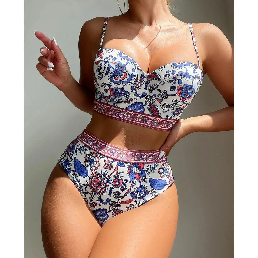 Blue women's high waist push-up bikini swimsuit with sleeveless design for swimming