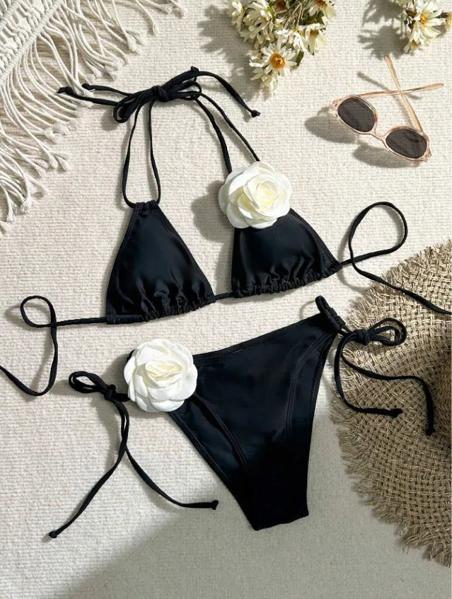 Black 3D flower bikini swimsuit with drawstring lace closure and backless design.