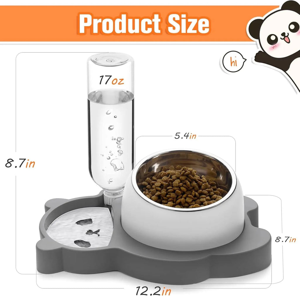 Grey panda-shaped tilted pet bowl set with stainless steel food bowl and automatic water dispenser bottle