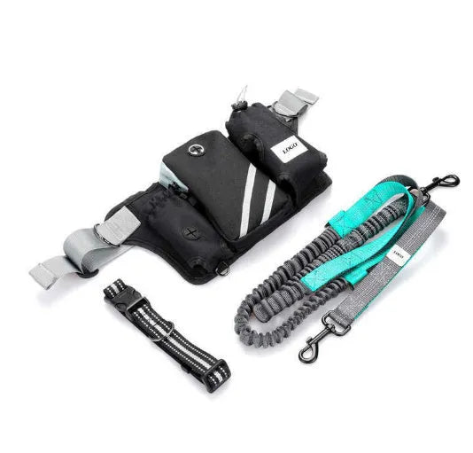 Black outdoor pet training waist bag with integrated dog leash and neck components for walking and training