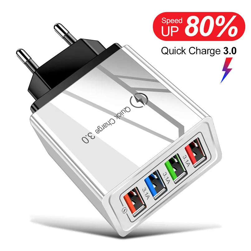 Intelligent 3A mobile phone charging head with luminous indicators showing four USB ports