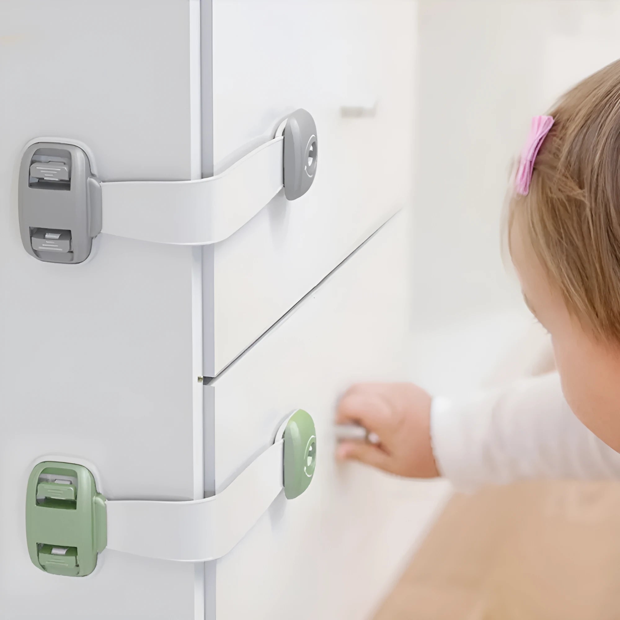 Grey and green adjustable child safety cabinet locks with adhesive backing