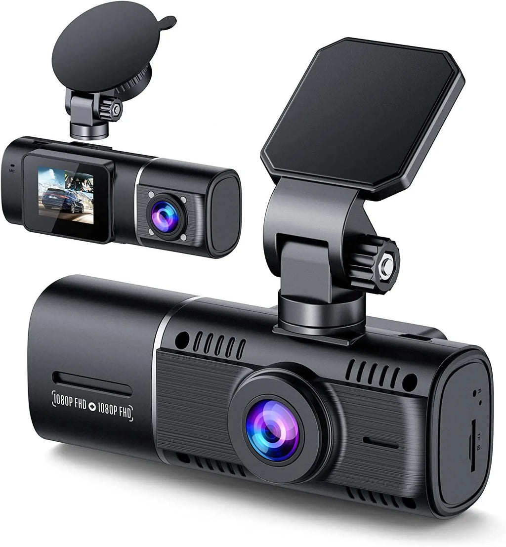 Black dual-channel dash cam with 1.5-inch screen mounted on car windscreen, showing front and rear view.