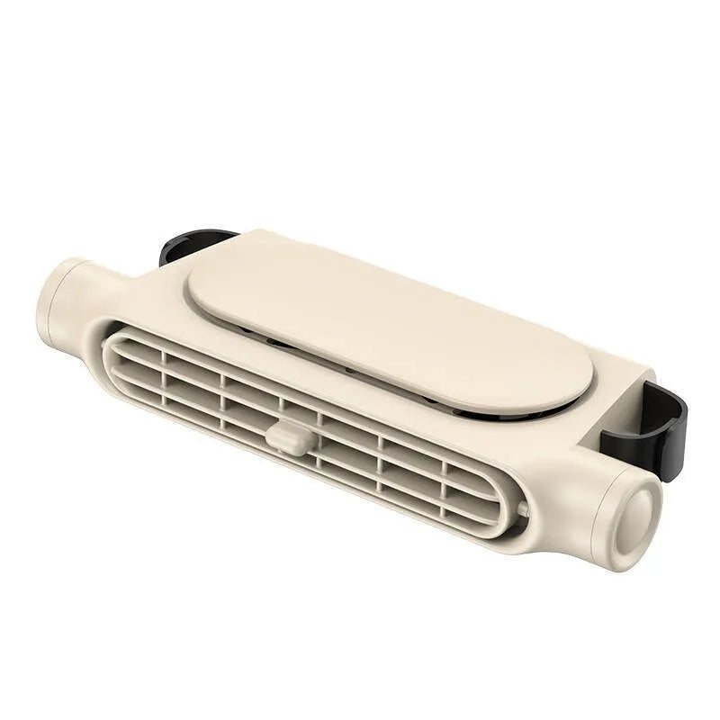 2024 USB car fan with no blades and Velcro strip, in black, white, or beige, showing button and USB cable.