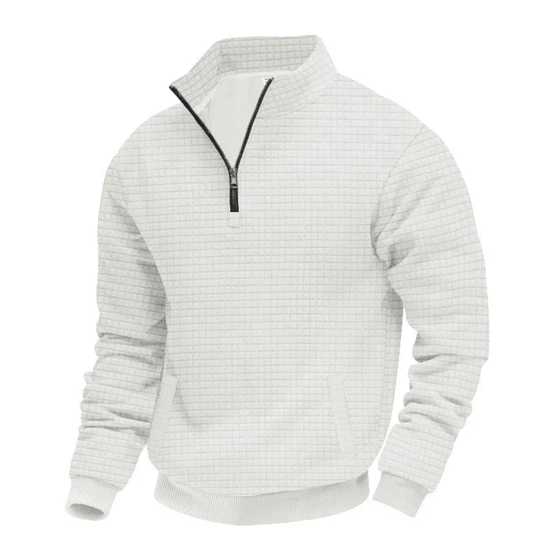 Men's grey stand-up collar long sleeve jacquard small check sweatshirt with side seam pockets