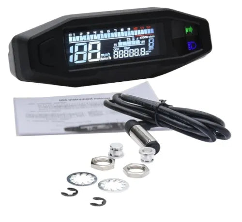 Black motorcycle mini speedometer LCD instrument with speed and oil gauge display.