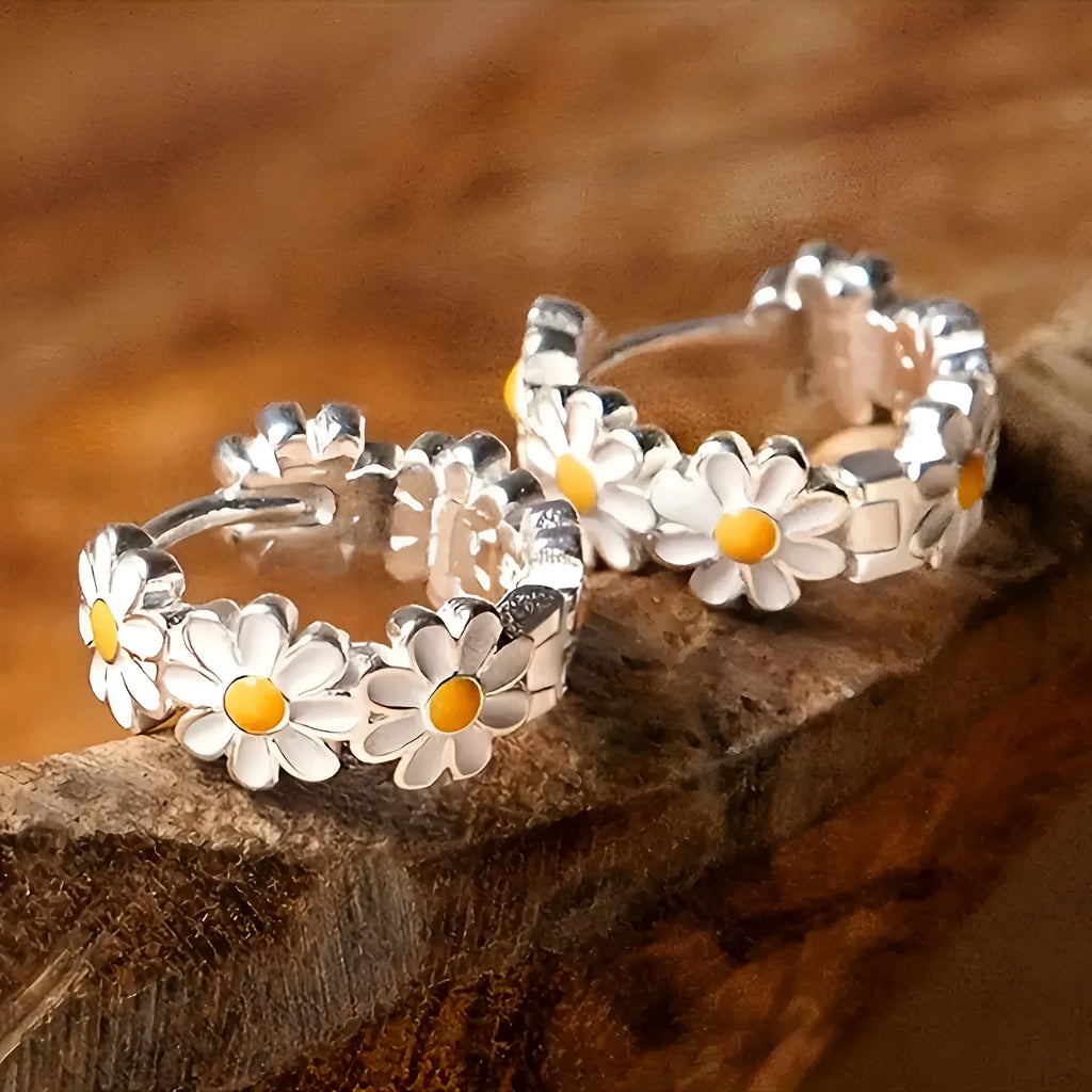 White daisy flower ring electroplated copper earrings with platinum-style gem setting