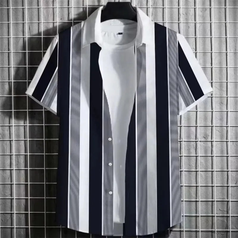 A linen men's striped short sleeve T-shirt with a 3D printed graphic, shown on a hanger.