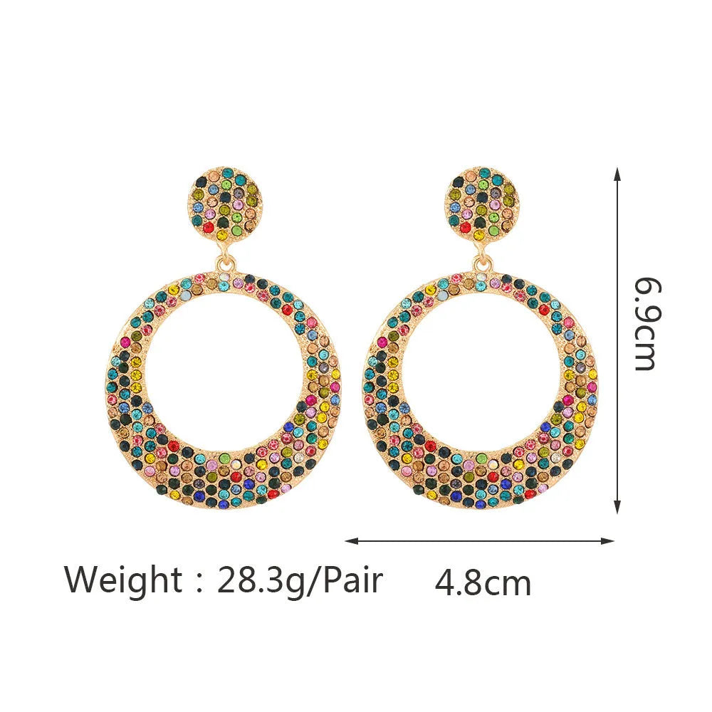 Colourful metal alloy round pendant earrings with cartoon diamond design for women.