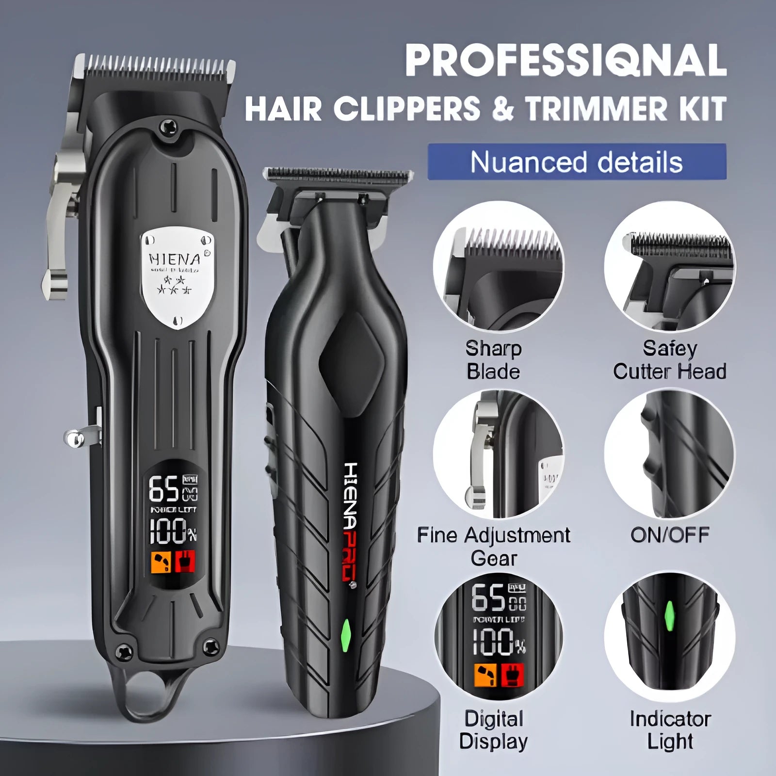 Black professional hair clipper set for men with LED display and aluminium foil shaver