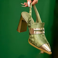 Women's black Korean-style strap sandals with a chunky heel, pointed toe, and elastic band.