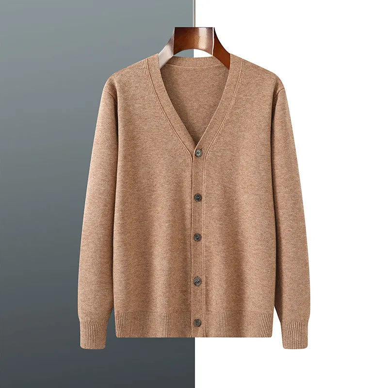 Men's loose-fit V-neck cardigan coat in Andy velvet fabric shown in beige colour.