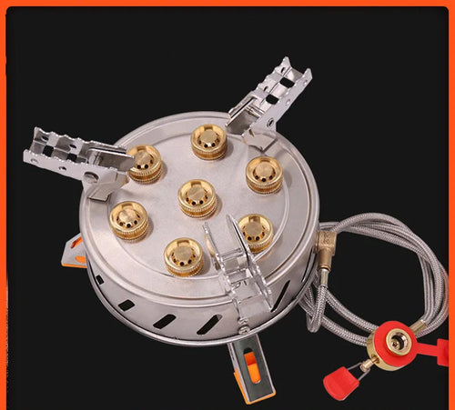 Camping stove with seven burners set on a stable steel frame for group outdoor cooking
