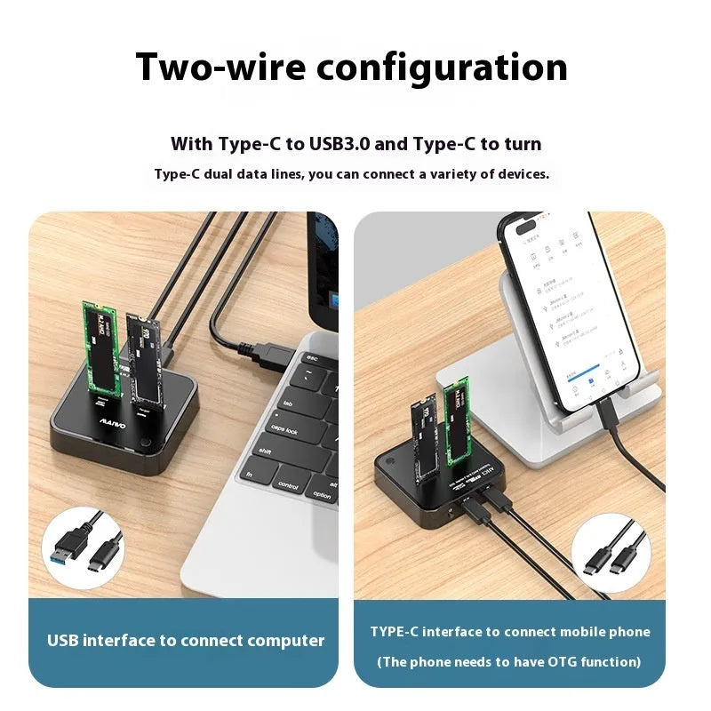 MAIWO K3016 M2 hard disk cloning dock for NVMe and SATA SSDs with USB cables and power adapter.