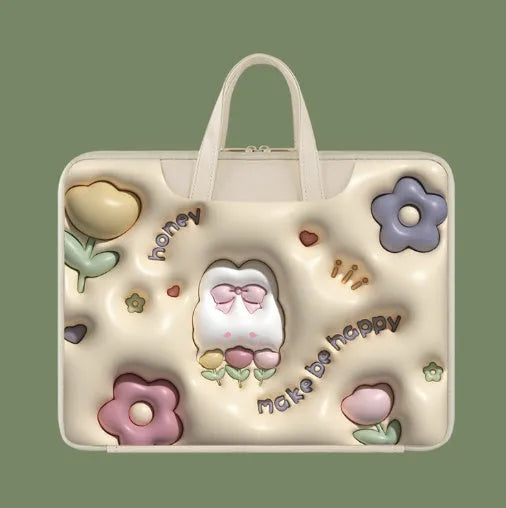 Inflatable PU leather laptop bag with cartoon design hanging from suitcase handle