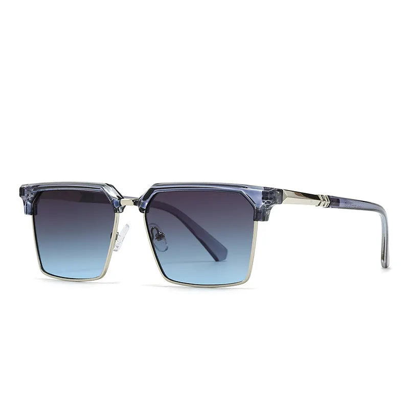 Men's square box-style sunglasses with plastic frames, shown in multiple colour options including black, tea, green, and blue.