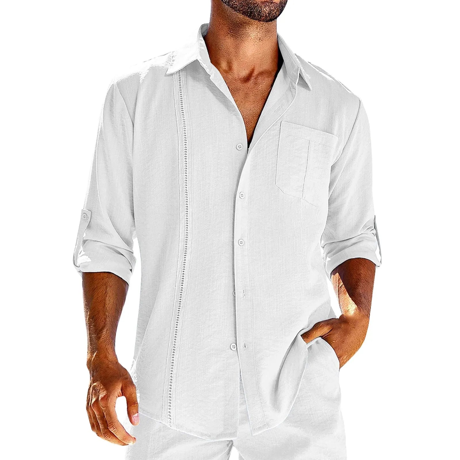 Men's grey casual long sleeve button-up shirt with polo collar and lace-trimmed chest pocket.