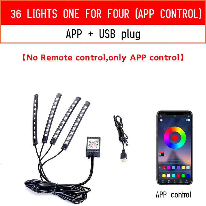 Boxed car interior LED atmosphere light kit with voice control and USB cable for APP connection.