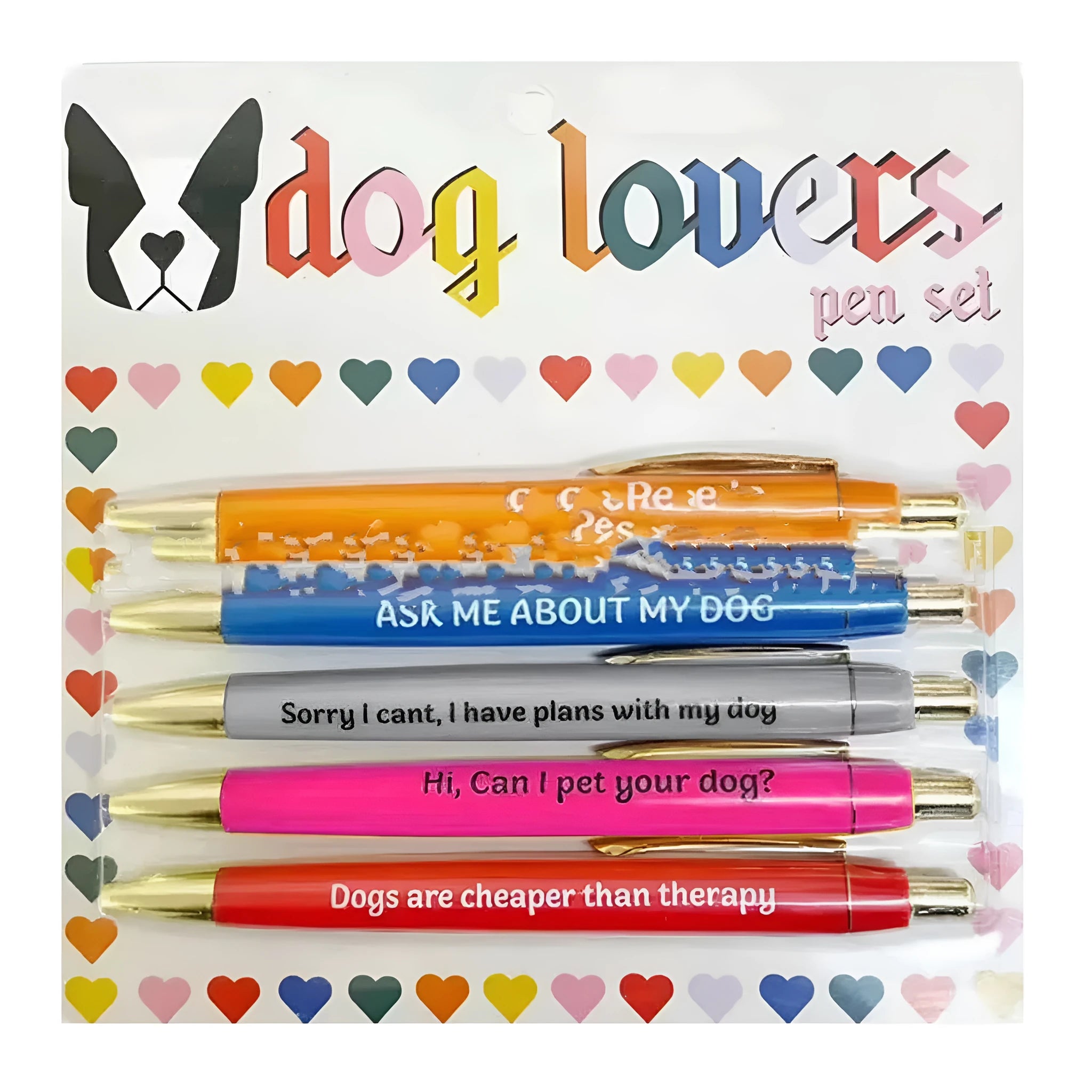 Set of five automatic pen markers with cat and dog themes in a beaded storage bag